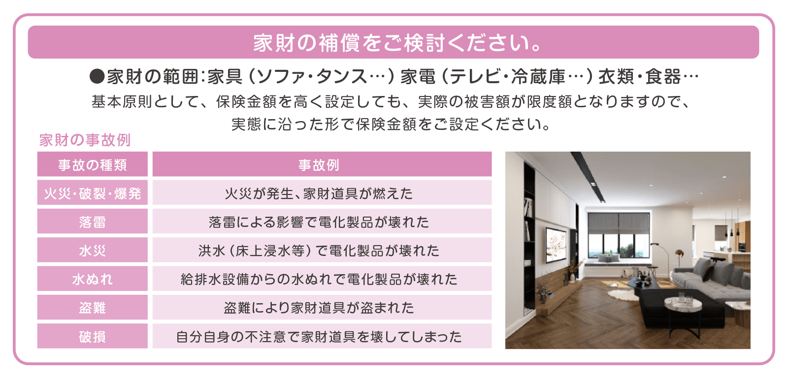 家財の補償をご検討ください。